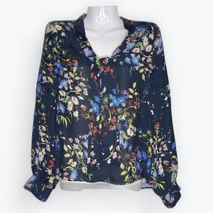 Parker Tie Front Floral Print Long Sleeve Blouse (black and multicolor) XS